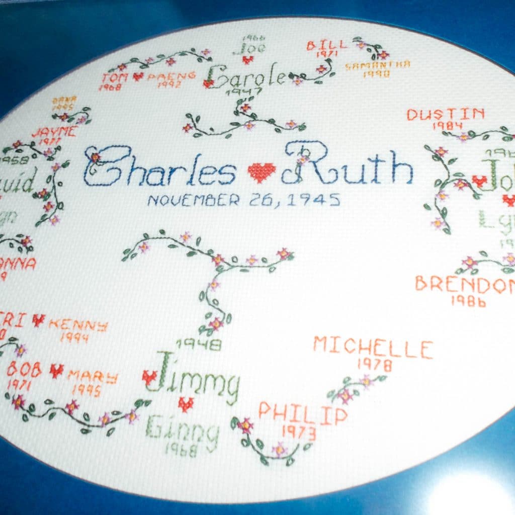 Carole designed and made this embroidery for her parents' 50th anniversary. Includes kids, spouses, grandkids and one great grandkid! | Plastic canvas tissue holder designed and made by Carole. | "It's in My Blood" | www.achronicvoice.com