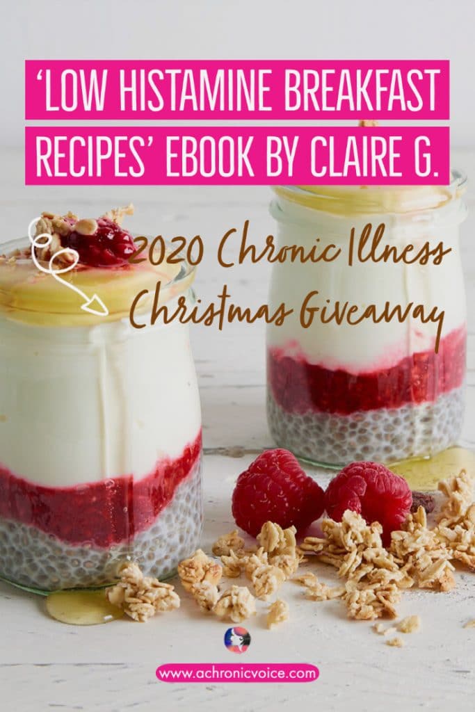 Through the Fibro Fog's chronic conditions, in particular MCAS, means that she is highly sensitive to the world around her. That includes food, which forms a huge part of our lives. What I love about her recipes i that they’re not in the least bit bland. In fact, they’re full of colour, flavour, nutrition and life! Claire is giving away five copies of her e-book, “Low Histamine Breakfast Recipes”, in this giveaway! #chronicillness #diets #histamine