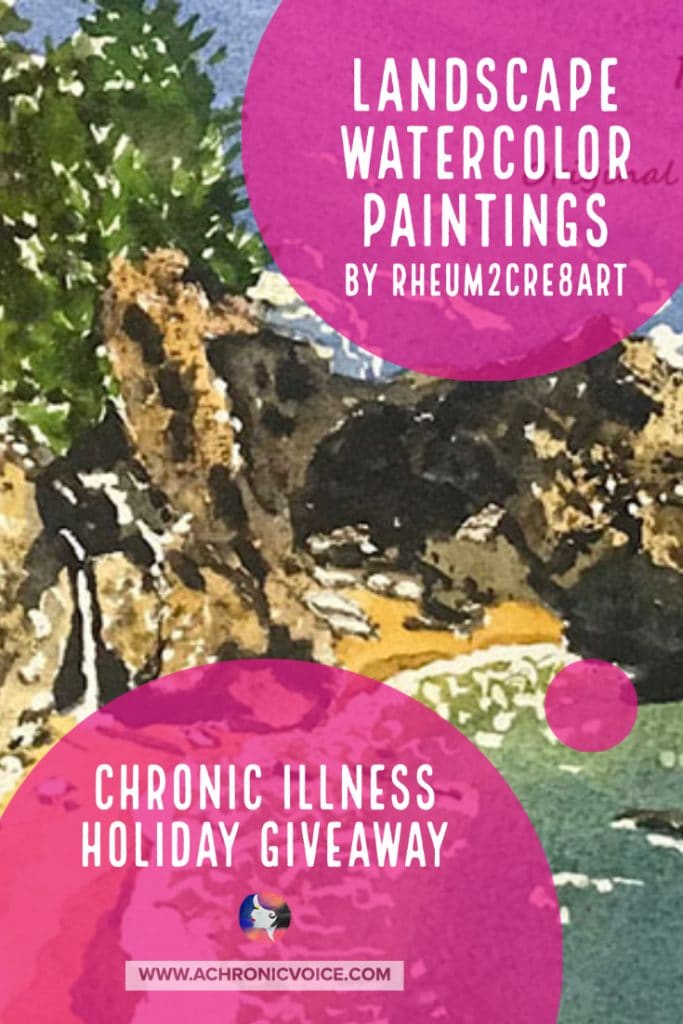 Marla Nolan of Rheum2Cre8Art is an artist who live with Rheumatoid Arthritis. Her paintings are inspired by nature, calming and evergreen to look at. She is sponsoring 2 handpainted landscape watercolor paintings in this Christmas Giveaway, framed and ready to hang!