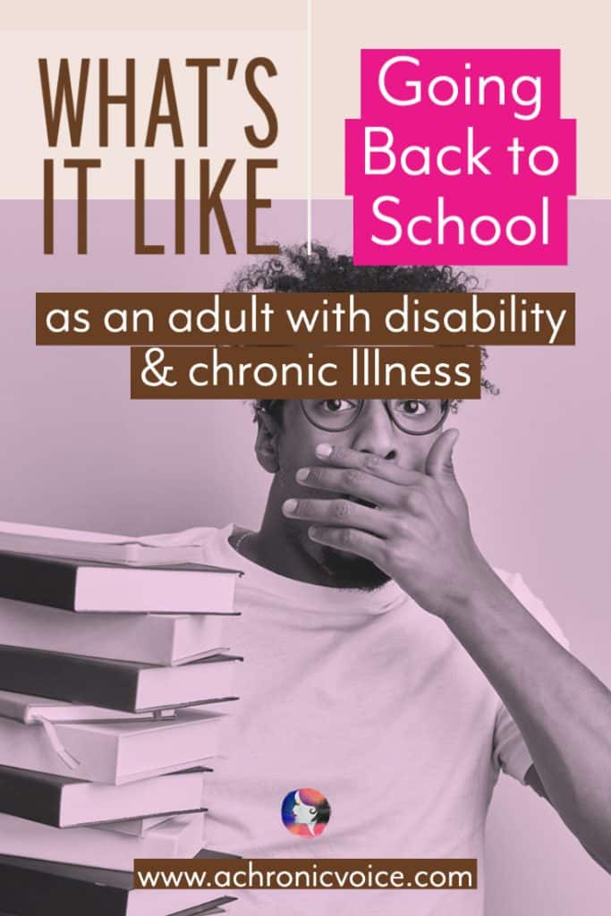 What’s It Like Going Back to School as an Adult with Disability and Chronic Illness [Image: Black boy with curly hair covering his mouth in a gasp and carrying a stack of books.]