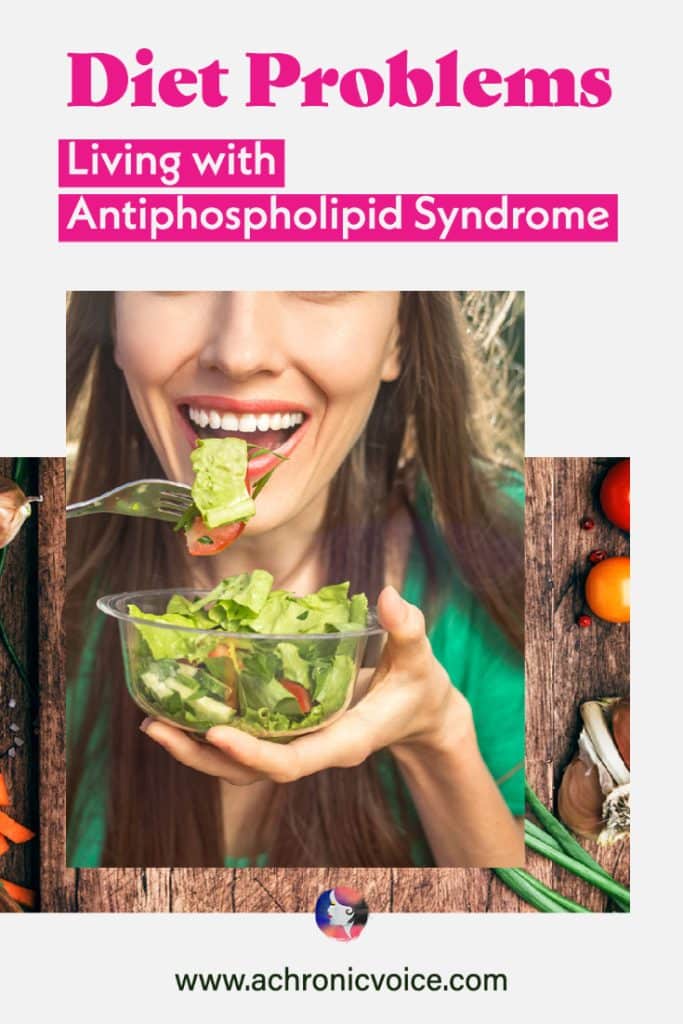Diet Problems - Living with Antiphospholipid Syndrome [The bottom half of a girl's face, smiling as she eats a bowl of salad with a fork.]