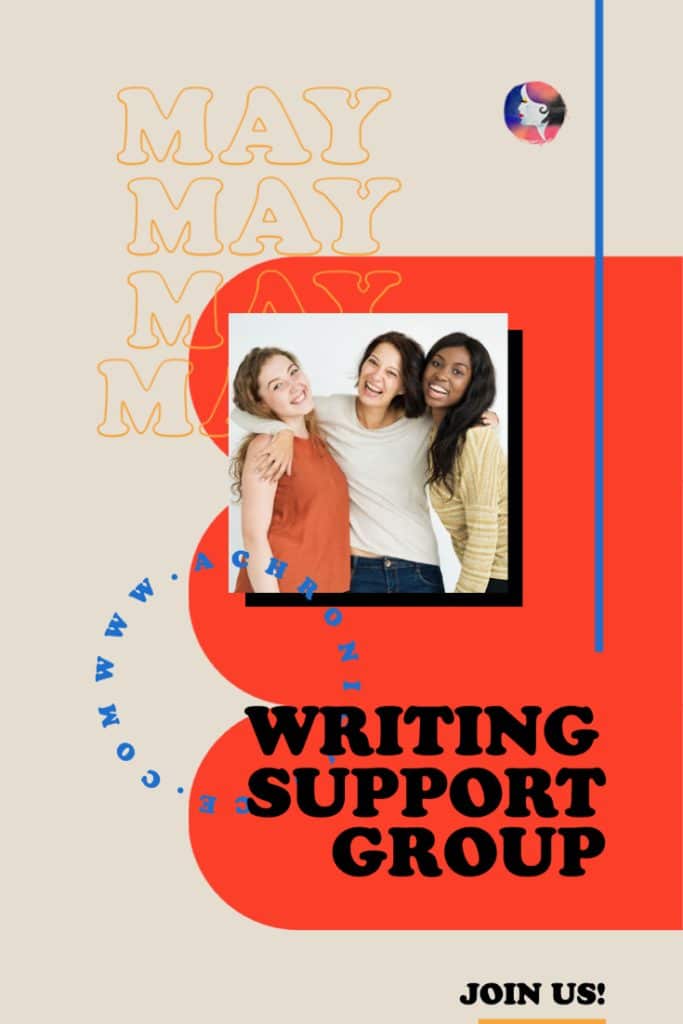 Writing Support Group - Join Us! (Background: Three female friends looking happy in a frame.)