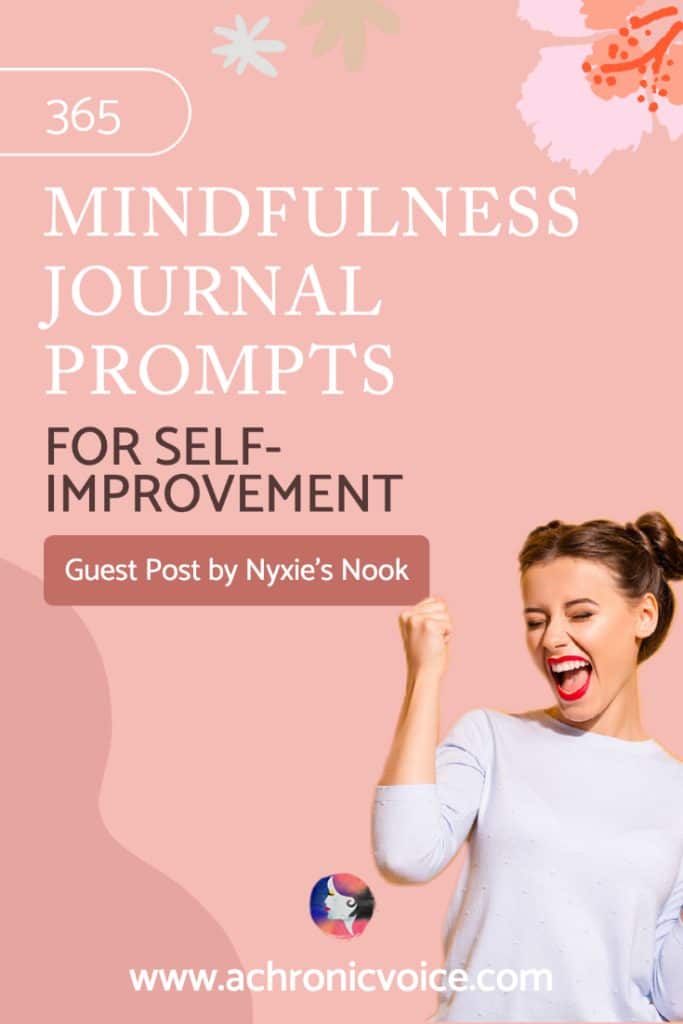 365 Mindfulness journaling Prompts for Self-Improvement - Guest Post by Nyxie's Nook (Background: A girl with red lipstick with hair done up in two buns has her fists clenched in victory, looking happy. Simple floral prints at the top.)