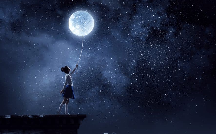365 Mindfulness Journal Prompts for Self-Improvement (Background: A girl looking up towards the moon and holding it with a string as if it were a balloon. The sky is dark yet filled with many stars, and brilliant light streams down upon her from the moon.)