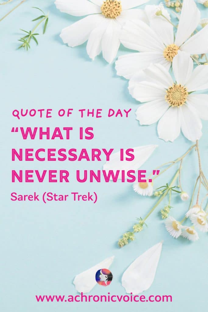 “What is necessary is never unwise.” – Sarek (Star Trek) (Background: White flowers bordered on the right. Text to the left.)