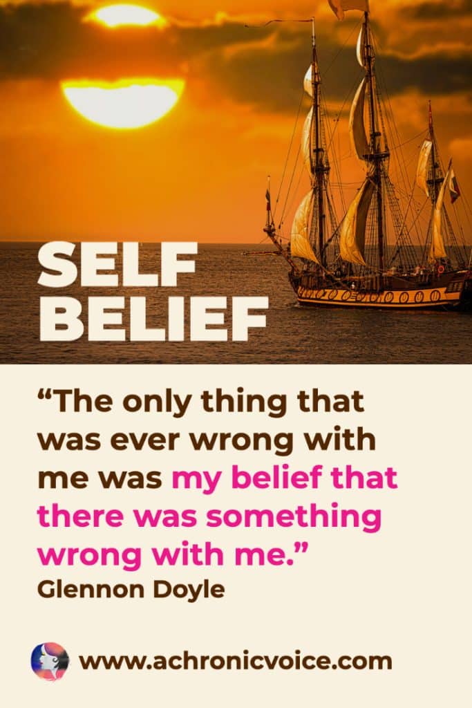“The only thing that was ever wrong with me was my belief that there was something wrong with me.” - Glennon Doyle (Background: Top image of an orange sunset and dark ship with sails on the right.)