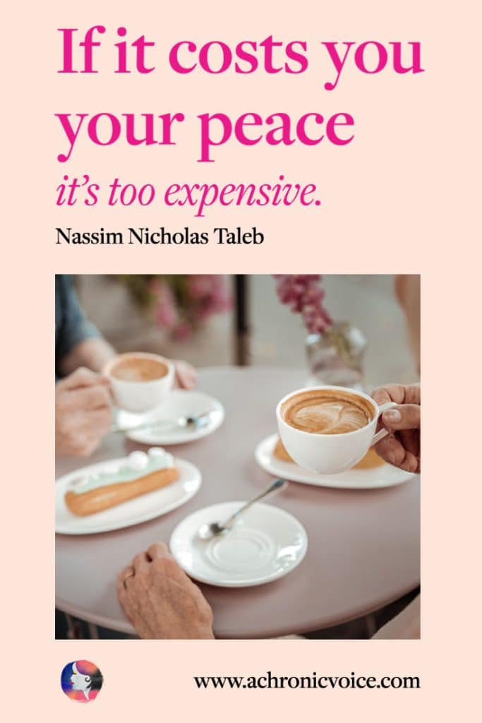 “If it costs you your peace, it's too expensive.” - Nassim Nicholas Taleb. (Background: Centre frame of two people having cuppucino and an eclair across the table. Only their hands can be seen.)